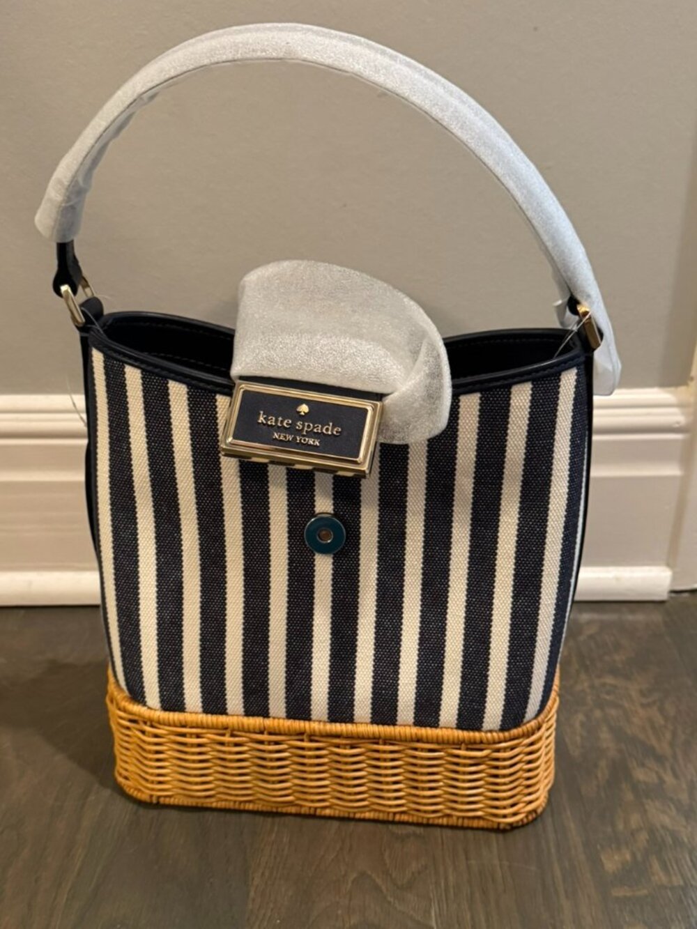 NWT Kate Spade Reegan Striped Canvas Wicker Bucket Bag KB482 Blue Multi